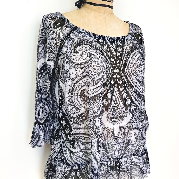 Y2K Womens M Sheer Paisley Mesh Ruffle Blouse Whimsical Fairy Grunge Festival - Picture 4 of 12